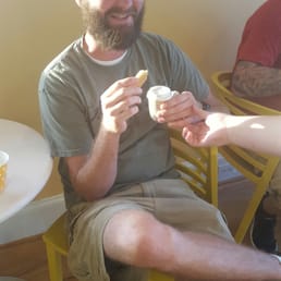 Manly man w/tiny coffee