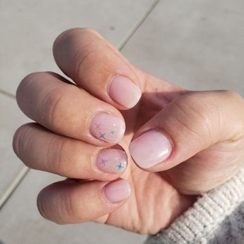Cute-icles Nail Salon & Spa - Nude pink natural length gel with iridescent flecks and stars - Waxing Near Me - Elk Grove, California