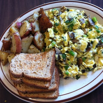 Auntie Mame's - #8c Mushroom and Green Onion Scramble with cheese, served with homefries and choice of biscuit or toast, $7.95! - Breakfast & Brunch Near Me - Scotts Valley, California