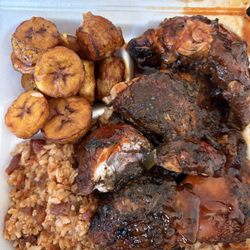 Island Vibes Restaurant - Large Jerk Chicken with two sides which are Rice and Peas & Plaintains!