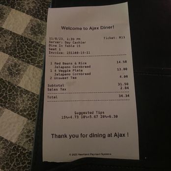 Ajax Diner - Lunch bill - Southern Near Me - Oxford, Mississippi