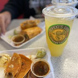 Gordo’s Way - Birria Tacos' Beef and Bean Burrito and the Pineapple/orange drink