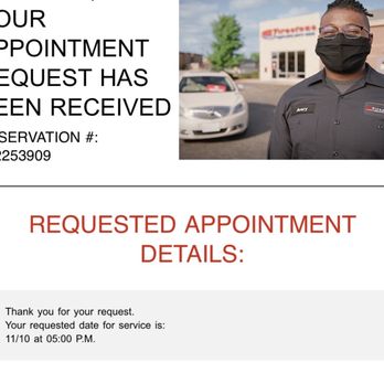 Firestone Complete Auto Care - My reservation number that they confirmed my appointment. - The image shows a confirmation document for a vehicle service appointment, including a reservation number and appointment details. The top right corner features a photo of a staff member wearing glasses and a black face mask, dressed in a uniform with a name tag, standing outside a car service center with cars and a building in the background. - Tires Near Me - Amarillo, Texas