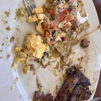 Mix Huevos - Verde Chilaquiles w/ ribeye. It looked better before we dug in. But this was only half of it and after I devoured most of it. - Breakfast & Brunch Near Me - San Jose, California