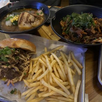 K-Pop Ramen - Bulgogi Burger (bottom)
Shoyu Ramen (left)
Kimchi Fried Rice (right) - Ramen Near Me - Frisco, Texas K-Pop Ramen - Bulgogi Burger (bottom)
Shoyu Ramen (left)
Kimchi Fried Rice (right) - Ramen Near Me - Frisco, Texas