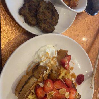 Another Broken Egg Cafe - Lemon Custard Stuffed French Toast, Country Potatoes and in house made sausage patties - Breakfast & Brunch Near Me - Boca Raton, Florida Another Broken Egg Cafe - Lemon Custard Stuffed French Toast, Country Potatoes and in house made sausage patties - Breakfast & Brunch Near Me - Boca Raton, Florida