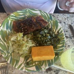 Rock Steady Caribbean N Soul Food - Salmon with Cabbage and Collard Greens (with a side of cornbread)