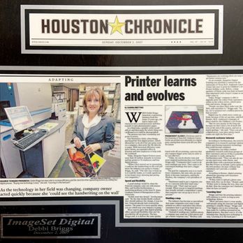 ImageSet - Plaque showcasing our feature in the Houston Chronicle article 'Printer Learns and Evolves,' highlighting our journey in print services. - Marketing Near Me - Houston, Texas