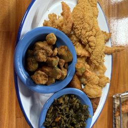 Catfish and shrimp platter with hush puppies, seasoned greens and fried okra.