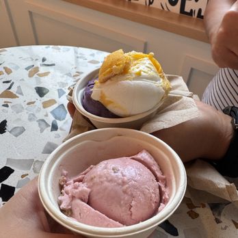 Stella Jean's Ice Cream - Ube + pandesal toffee (top), strawberry oat crumble (bottom) - Ice Cream & Frozen Yogurt Near Me - Costa Mesa, California Stella Jean's Ice Cream - Ube + pandesal toffee (top), strawberry oat crumble (bottom) - Ice Cream & Frozen Yogurt Near Me - Costa Mesa, California