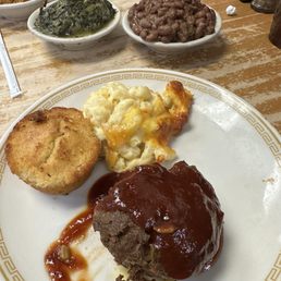 Meatloaf with chipotle Q sauce, Mac and cheese, creole beans, greens. Meatloaf with chipotle Q sauce, Mac and cheese, creole beans, greens.