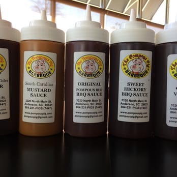 The Pompous Pig - 5 of the 7 sauces. Ask for the hot red sauce and Alabama white, then put them on your fried okra. You will not be disappointed. - Barbeque Near Me - Anderson, South Carolina The Pompous Pig - 5 of the 7 sauces. Ask for the hot red sauce and Alabama white, then put them on your fried okra. You will not be disappointed. - Barbeque Near Me - Anderson, South Carolina