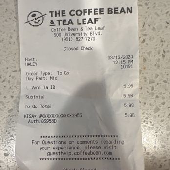 The Coffee Bean & Tea Leaf - Receipt - Coffee & Tea Near Me - Riverside, California The Coffee Bean & Tea Leaf - Receipt - Coffee & Tea Near Me - Riverside, California