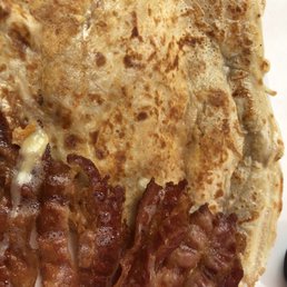 Big breakfast crepe - cheddar, sausage, eggs, bacon (on side), relish (on side) Big breakfast crepe - cheddar, sausage, eggs, bacon (on side), relish (on side)