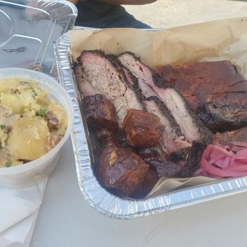 Ruff House BBQ - German potato salad, burnt pork belly ends, spare ribs, brisket (oh man oh man soo good), pickles onions and cucumbers. - Barbeque Near Me - Ventura, California