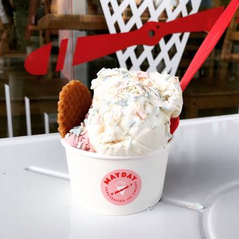 Mayday Ice Cream - Top- Raja Honey Bottom- Rose White Chocolate W/ housemade sprinkles and waffle cookie - Ice Cream & Frozen Yogurt Near Me - Jacksonville, Florida