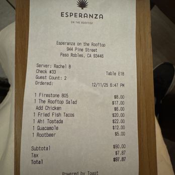 Esperanza on the Rooftop - Bill for two people. - Beer Bar Near Me - Paso Robles, California