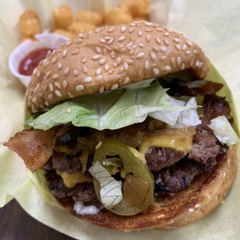 Sky Rocket Burger - Double cheeseburger with grilled onions, jalapeños, and bacon with a side of tots. - Burgers Near Me - Dallas, Texas Sky Rocket Burger - Double cheeseburger with grilled onions, jalapeños, and bacon with a side of tots. - Burgers Near Me - Dallas, Texas