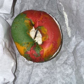 5 Star Bagelry - Several choices of bagels I got Rainbow bagel with your choice of different flavors of cream cheese - Bagels Near Me - Orange, California