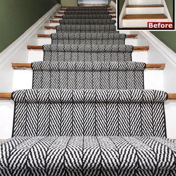99 Carpets - Black and white stair runner installation in Hoboken, NJ, adding bold style, comfort, and safety to these hardwood stairs. - Carpeting Near Me - Carteret, New Jersey