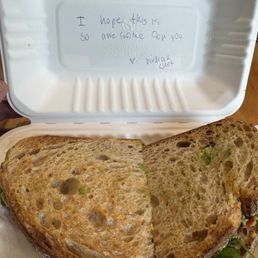 The photo shows a sweet note the chef left for me when ordering a sandwich. The photo shows a sweet note the chef left for me when ordering a sandwich.