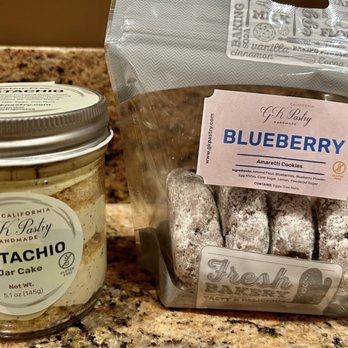 GK Pastry - Pistachio Jar Cake (8oz/$10)- 4.5/5 stars + Blueberry Amaretti Cookies (4/$10)- 4/5 stars - Bakeries Near Me - Mountain View, California