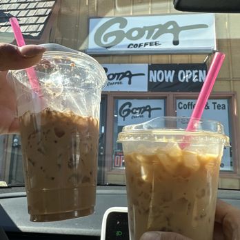 Gota Coffee - Spanish latte w/ almond milk and a butter pecan latte w/ almond milk - Coffee & Tea Near Me - Norco, California Gota Coffee - Spanish latte w/ almond milk and a butter pecan latte w/ almond milk - Coffee & Tea Near Me - Norco, California