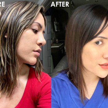Fuss Hair Studio - Before: Choppy, unblended layers and brassy highlights; After: Seamlessly blended layers and rich chestnut color. Thank you, Ciria! - Hair Salons Near Me - Denver, Colorado Fuss Hair Studio - Before: Choppy, unblended layers and brassy highlights; After: Seamlessly blended layers and rich chestnut color. Thank you, Ciria! - Hair Salons Near Me - Denver, Colorado