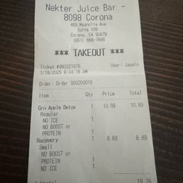 Receipt for 1 small & 1 medium juice Receipt for 1 small & 1 medium juice