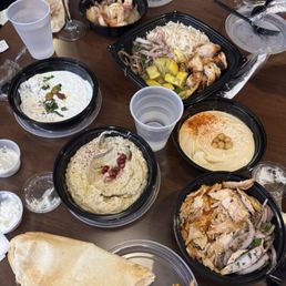Various dips, chicken shawarma appetizer, Shrimp Arak, Chicken Kabob Various dips, chicken shawarma appetizer, Shrimp Arak, Chicken Kabob