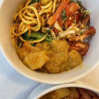 Pa Lian - Tomato Salad (C08), Udon Noodles with Burmese Dressing (Nan-Gyi-Thoke B07), and Mango Tofu (D03 - the tofu is made in house!) - Burmese Near Me - Wheaton, Illinois Pa Lian - Tomato Salad (C08), Udon Noodles with Burmese Dressing (Nan-Gyi-Thoke B07), and Mango Tofu (D03 - the tofu is made in house!) - Burmese Near Me - Wheaton, Illinois