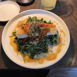 Café 36 - Halibut with ginger scented rice, wilted spinach and sweet/sour garnish.  Delicious!!