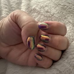 Acrylic nails with blue gel nail polish and chrome! Stunning!!!