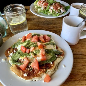 Shoop's - Pancakes with pesto, tomato, egg and cheese. And it's actually as yummy as it looks! - Delis Near Me - Santa Monica, California Shoop's - Pancakes with pesto, tomato, egg and cheese. And it's actually as yummy as it looks! - Delis Near Me - Santa Monica, California