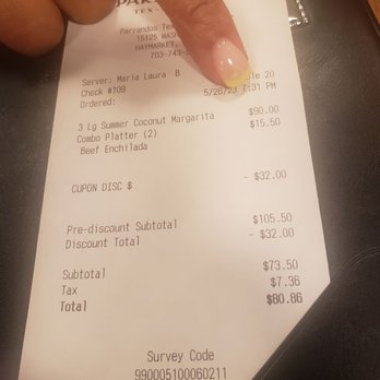 Parrando’s Tex-Mex Grill - Just charged us $30 per the incorrect drinks served in plastic with no salt - Tex-Mex Near Me - Haymarket, Virginia Parrando’s Tex-Mex Grill - Just charged us $30 per the incorrect drinks served in plastic with no salt - Tex-Mex Near Me - Haymarket, Virginia