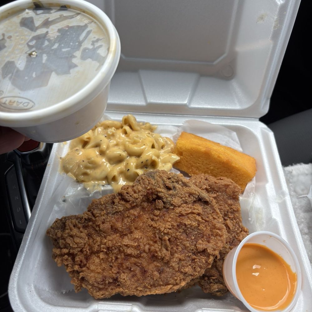 2 pork chops, mac & cheese, cornbread  Greens