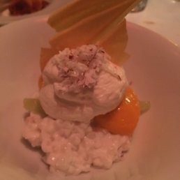 Tapioca pearls in coconut milk, mango sherbet, yogurt mousse