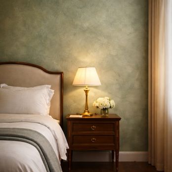 Alex Rylov - Premium sage green limewash accent wall with soft cloud texture, natural depth, and elegant designer finish under warm ambient lighting. - Handyman Near Me Alex Rylov - Premium sage green limewash accent wall with soft cloud texture, natural depth, and elegant designer finish under warm ambient lighting. - Handyman Near Me