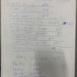 Frank's Autobody - This is the price Quote for my car that I don't have right now but I'm gonna save the money and get my car fixed from a hit-and-run.