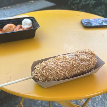 Korn Dog - Half cheese half sausage covered in ramen - Korean Near Me - Seattle, Washington Korn Dog - Half cheese half sausage covered in ramen - Korean Near Me - Seattle, Washington