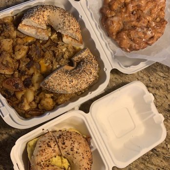 Bagel Cafe - New Orleans omelette with garlic bagel, bear claw, and bacon egg and cheese sandwich on an onion bagel - Bagels Near Me - Herndon, Virginia Bagel Cafe - New Orleans omelette with garlic bagel, bear claw, and bacon egg and cheese sandwich on an onion bagel - Bagels Near Me - Herndon, Virginia