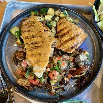 California Fish Grill - Salmon and Swai fish plate with chipotle sauce Diced zucchini with Brussel sprouts - Seafood Near Me - Redlands, California California Fish Grill - Salmon and Swai fish plate with chipotle sauce Diced zucchini with Brussel sprouts - Seafood Near Me - Redlands, California