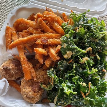 Dodah's Kitchen - Entree and two sides - "chicken drummies", garlic kale salad, and sweet potato fries - Vegan Near Me - Baltimore, Maryland