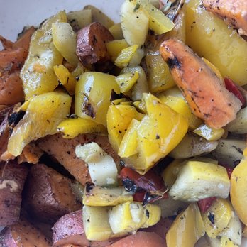 Bushfire Kitchen - Menifee - Grilled Mixed Veggies Plate with Baked Sweet Potatoes (mostly bell peppers but great flame grilled flavor) - Gluten-Free Near Me - Menifee, California Bushfire Kitchen - Menifee - Grilled Mixed Veggies Plate with Baked Sweet Potatoes (mostly bell peppers but great flame grilled flavor) - Gluten-Free Near Me - Menifee, California