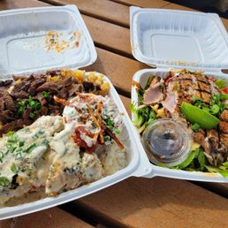 Baked stuffed Ono w/ truffle cream sauce, kalbi fries & spicy ahi, blackened ahi salad