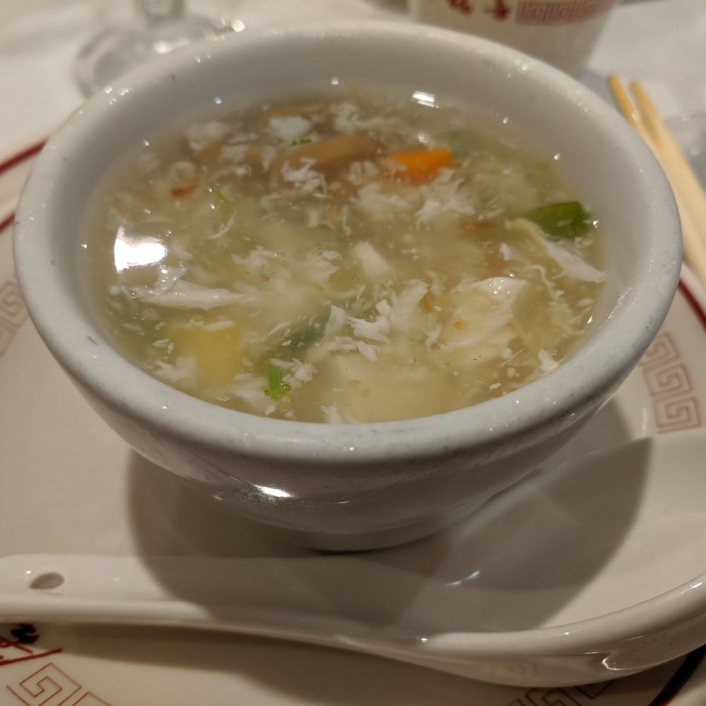 Chef Chu's - Individual portion of the Seafood Blossom Soup which included shrimp, small scallops, crab meat, tomatoes, tofu, and some cilantro. - Chinese Near Me - Los Altos, California