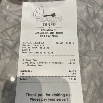Delaney’s Diner - Itemized receipt - Breakfast & Brunch Near Me - Groveport, Ohio