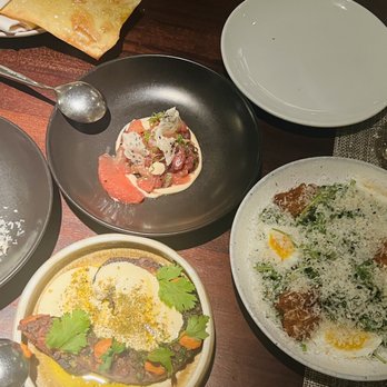 Bludorn - Beef tartare, tuna tartare, octopus, chrysanthemum salad - New American Near Me - Houston, Texas