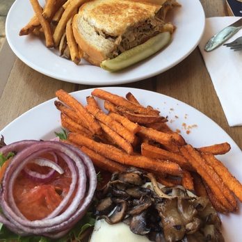 Gandalf's Pub - Mushroom Swiss burger with sweet potato fries - Pubs Near Me - Valley City, Ohio Gandalf's Pub - Mushroom Swiss burger with sweet potato fries - Pubs Near Me - Valley City, Ohio