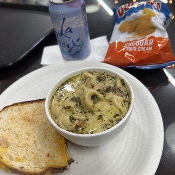 The Bread Board - Soup of the day and half a grilled cheese. Came with chips! - Bakeries Near Me - Pella, Iowa
